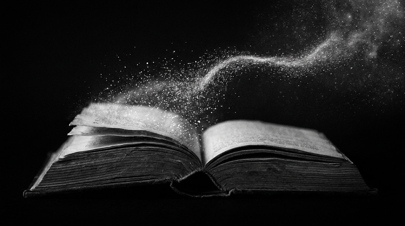 古い本のページが無数の光の粒子となって立ちのぼっていく