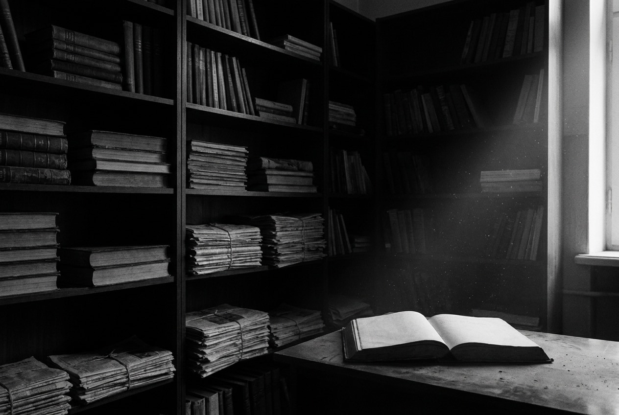書庫に眠る古い書籍と、光の中で開かれた一冊